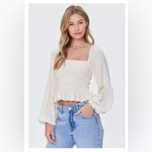 Forever 21 White / Ivory Smocked Peasant Sleeve Top Flowy Boho Medium NWT